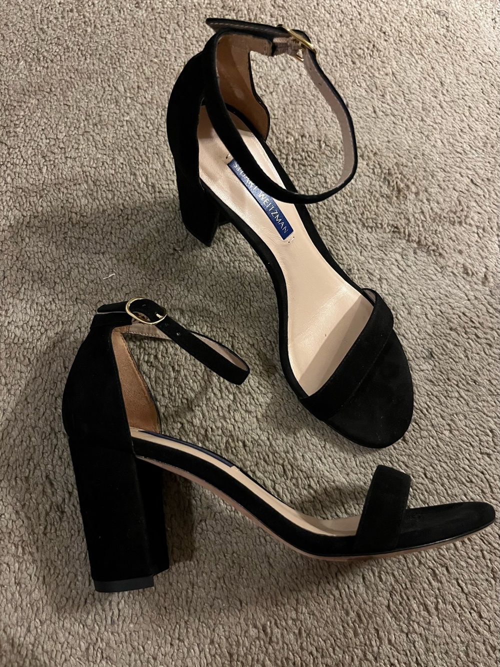Stuart Weitzman Black Suede Ankle-Strap Block Heel Sandals